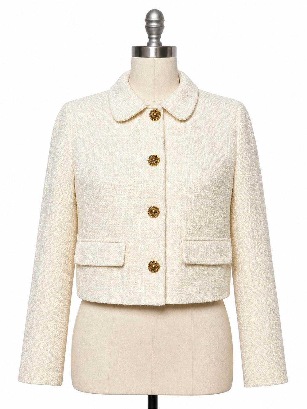 Zara Ivory Tweed Cropped Jacket Gold Buttons Bouclé Size Small